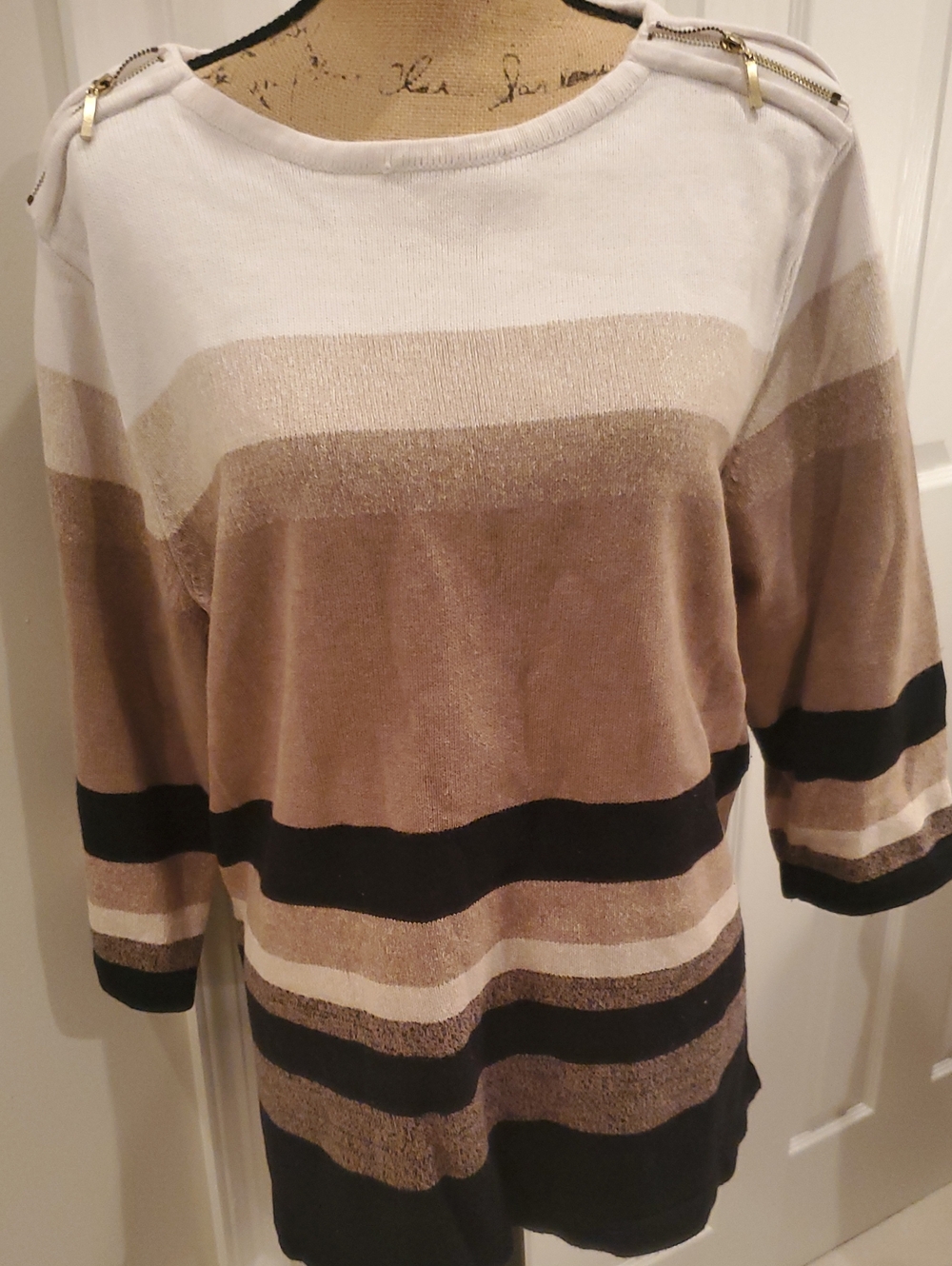 Karen Scott Striped Zip Shoulder Sweater Brown White Size 2X